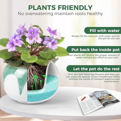 BUYMAX Self Watering Ceramic African Violet Pot Keep The Soil Moist - color: White-green