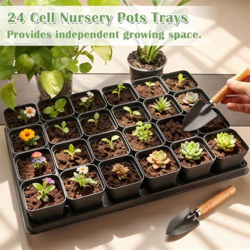 RooTrimmer 5 Pack 24 Cell Nursery Pots Trays with 2.8 inch (7CM) Square Nursery Pots 120pcs (Black), Plastic Seed Starter Tray with Drain Holes for Carrying and Holding Plant Pot(17"x11"x1.6") - color: Black, size: Pots 120 Pcs with 5 Pack Trays