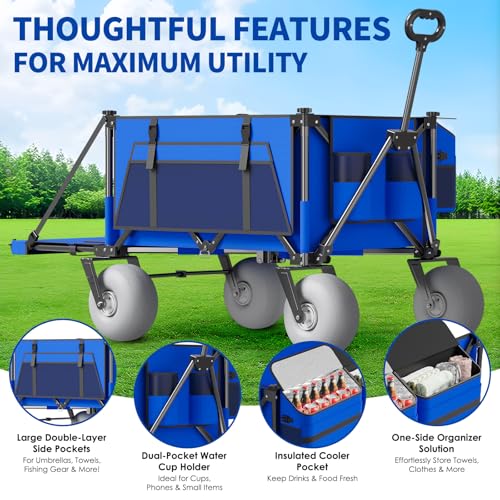 Beach Wagon with Big Wheels for Sand - 450lbs Load Heavy Duty Wagons Carts Foldable with 9" All Terrain Inflatable Tires, Collapsible Beach Cart for Grocery Shopping Garden Sports Camping Outdoor - color: Blue