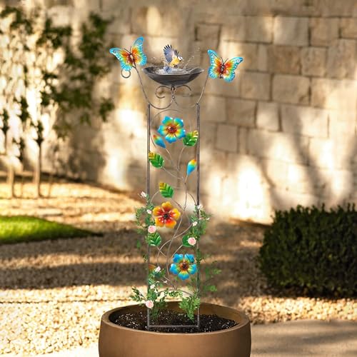 SUNNYPARK 43.5 Inch Metal Bird Bath Bowl with Garden Trellis Outdoor - size: Floral-Butterfly