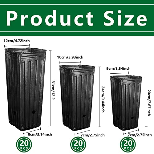 RunNico 60pcs Plastic Deep Plant Nursery Pots,Tall Tree Pots,Black Deep Seedling Container Pots with Drainage Holes for Indoor Outdoor Gardening (3Size-7.8" H+9.4" H+12.2" H) - color: 3size-7.8"h+9.8"h+11.8"h