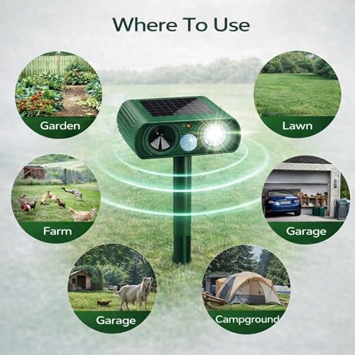 Solar Powered Animal Repellent Motion Sensor for Gardens - Ultrasonic Outdoor Animal Repeller with Adjustable Frequency & Waterproof Design - Deer Repellent Devices Protect Yard from Damage