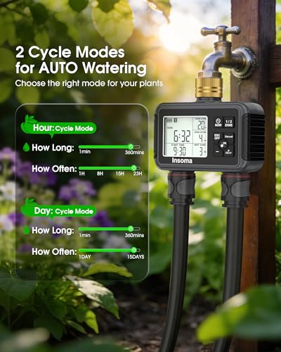 Insoma Water Timer with Brass Inlet, 2 Independent Zones Outdoor Hose Timer for Garden Faucet with Auto/Manual/Rain Delay Mode, Sprinkler Irrigation Controller for Yard Lawn - color: Black, size: 2 Outlets