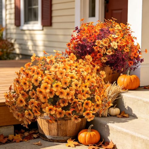 Grunyia 20 Bundles UV Resistant Artificial Fall Flowers for Outdoors (Fall Orange Yellow) - color: Fall Orange Yellow