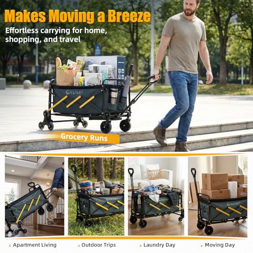 Folding Utility Cart with Triangular Wheels, 2 in 1 Collapsible Wagon for Stairs, Multi-Scene Stair Climbing Wagon, Lightweight Hand Truck with Telescoping Handle for Grocery, Laundry, Moving, Office
