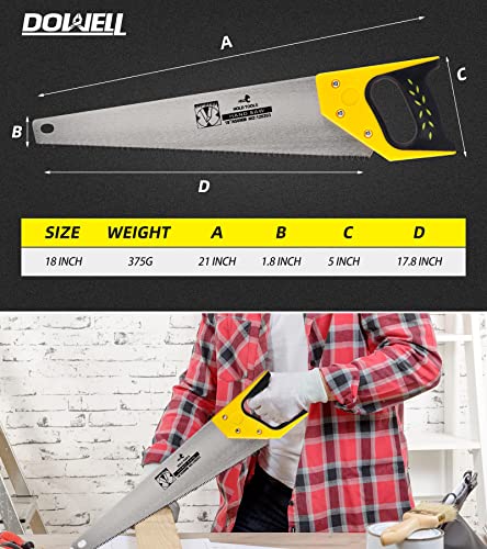 DOWELL 18-Inch Hand Saw with Comfortable Handle, 8 TPI and Made of 65 Manganese Steel - Ideal for Woodworking, Pruning, and Cutting - Includes Protective Cover - size: 18 in