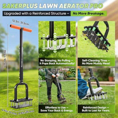 Sakerplus Aerator Lawn Tool, Spike Lawn Aerator with Self-Cleaning Tines - color: Pro-Orange Handle