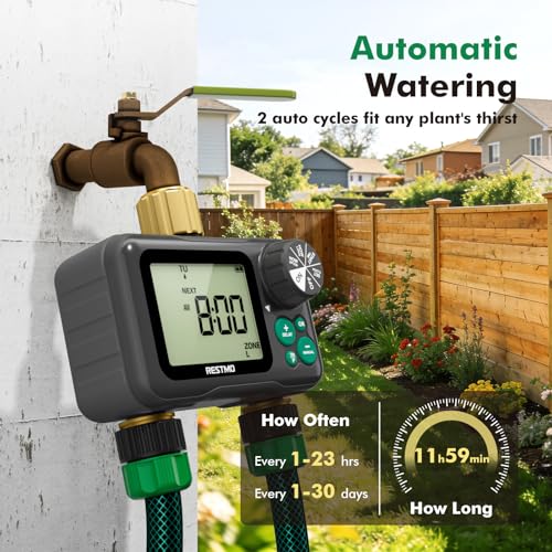 RESTMO Remote Control Brass Sprinkler Timer for Outdoor Hose Faucet 2 Zone