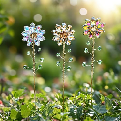 3Pcs Crystal Sunflower Suncatchers Glass Plant Suncatcher with Metal Stake - color: Ab, Red, Amber