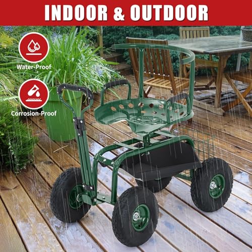 Rolling Garden Cart with Seat, Garden Workseat with 360-Degree Swivel - color: Green+backrest