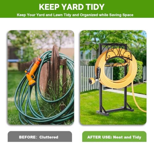 Garden Hose Holder with Storage Basket and Tool Hooks, Heavy-Duty Metal Hose Hanger Garden Hose Storage Holds 151Ft Hose, Rustproof Freestanding Water Hose Holder for Outside, Yard, Lawn - color: Deep Black