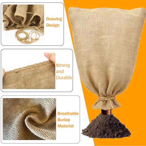 3-Pack Burlap Fabric Plant Bags - 24 X 40 Inch Winter Plant Cover Freeze Protection, Reusable Burlap Sacks Plant Frost Cloth for Outdoor Plants, Cold Weather Tree Wrap for Trees, Bushes & Garden
