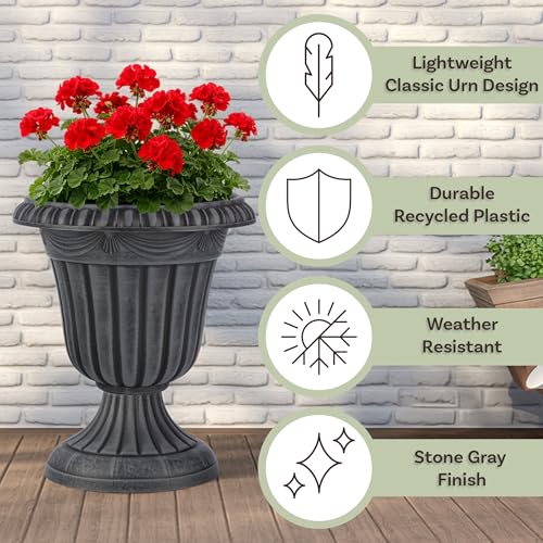 Outdoor Planter 2-Pack - 16x18-Inch Urn Planters for Front Porch Decor, Indoors, Patio or Entryway - Plastic Plant Pots - Large Decorative Flower Pots by Pure Garden (Stone Gray) - color: Stone Gray