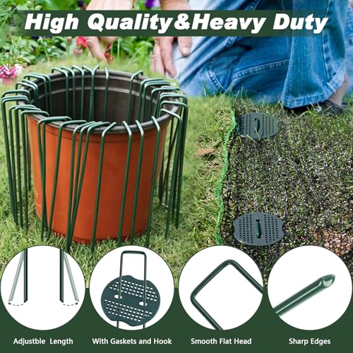 FEED GARDEN 6 Inch 50 Pcs Galvanized Landscape Staples 50 Pcs Gaskets Pick Hook Garden Stakes 11 Gauge Anti-Rust Landscaping Fabric SOD Pins U Shaped Yard Turf Stakes for Weed Barrier Fabric Green - color: Green