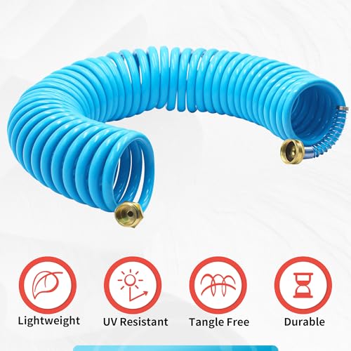 AUTOMAN Recoil Garden Hose 50 ft, EVA Curly Water Hose with Brass Connectors, Coil Garden Water Hose,Includes 7-Pattern Function Sprayer,Retractable,Corrosion Resistant Garden Coil Hose - color: Blue, size: 50ft
