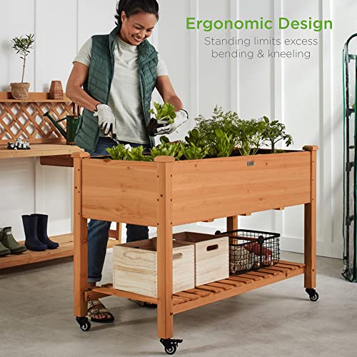 Best Choice Products Raised Garden Bed 48x24x32-inch Mobile Elevated Wood Planter w/Lockable Wheels, Storage Shelf, Protective Liner - Acorn Brown - color: Acorn Brown