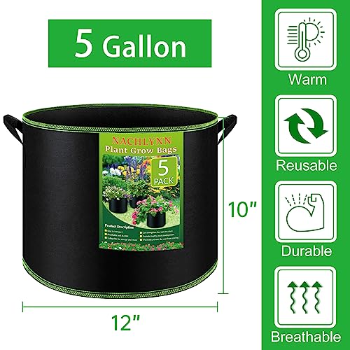 NACHLYNN 5-Pack 5 Gallon Grow Bags Heavy Duty Aeration Fabric Pots with Handles Thickened Nonwoven Fabric Pots Plant or Fruits Flowers Plant for Gardening - size: 5
