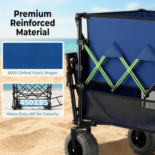 Romswi Heavy Duty Double Decker Wagon 9" Wide Big Wheels, 450LBS Capacity, 48" Extender,400L Large Foldable Wagon Cart, Adjustable Handle, All-Terrain Cart for Beach,Camping,Garden,Navy Blue