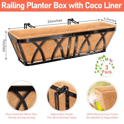 Riare 3 Pack 24 Inch Metal Railing Planter Window Box with Coco Liner- Adjustable Window Flower Boxes for Railings, Hanging Rail Planters for Deck, Balcony, Porch, Fence, Indoor Outdoor Plants - size: 24in