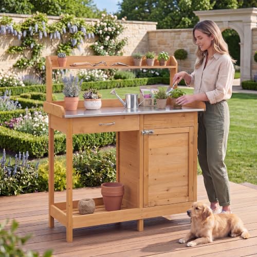 Goplus Garden Potting Bench Table with Stainless Steel Tabletop - color: Yellow, size: 44" x 18" x 49"