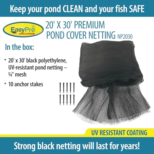EasyPro NP2030 Premium 3/4-Inch Pond Cover Netting, 20-Foot x 30-Foot with 12 Stakes - size: 20' x 30' with 10 stakes, style: Standard 3/4" Mesh