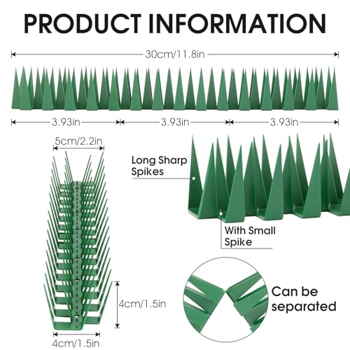 Bird Spikes, 20 Pack Bird Deterrent Spikes for Outside, Pigeon Squirrel Raccoon Cat Anti Climb Spikes, Durable Plastic Animal Barrier for Fence Roof Balcony Railing 20 Feet(6m) - color: Green, size: 20 Feet