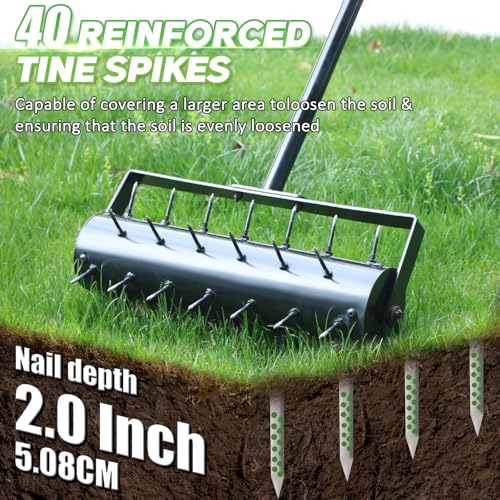 Rolling Lawn Aerator Roller with 42 Reinforced Steel Spikes, Heavy Duty Manual Lawn & Yard Aerator Tool, Pre-Assembled Push Grass Aerator with Adjustable Handle for Garden Soil