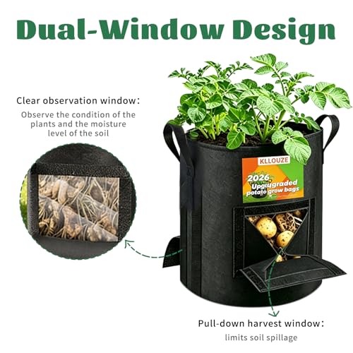 Potato Grow Bags 15 Gallon with Harvest & Visible Window (4, Black, 15 Gallon)