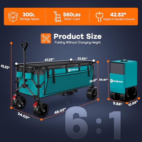 Originsure 300L Beach Wagon Cart Foldable with Big Wheels,560lbs,Turquoise - color: Grey&turquoise