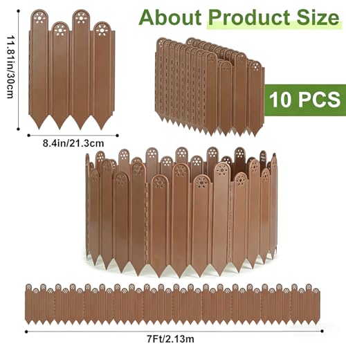 10 Pcs Brown Garden Edging Borders, 11.8 inch Tall Landscaping Edging, Total 7ft Interlock Decorative Garden Fences, Plastic Edging No Dig Lawn Edges Flower Beds Barriers, for DIY Patio Pathway Garden - color: Brown-Height 11.81"