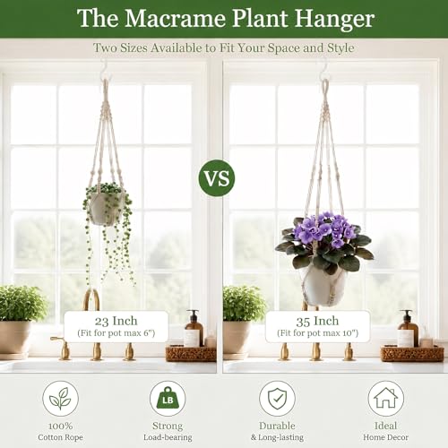 Macrame Plant Hanger Indoor, 23" No Tassel Hanging Plant Holder, Sturdy Flower Pot Holder with 2 Hooks - Ivory (Pot NOT Included) - color: Ivory, size: 23"-1pc