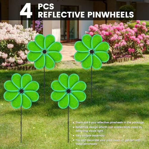 4PCS 11.4" W x 28" H Reflective Pinwheels Sparkly Lawn Wind Spinners Colorful Rainbow Windmill for Garden Decoration Bird Devices Deterrent to Scare Birds Away(Green) - color: Green