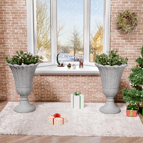 Tall Plastic Urn Planters and Pedestal - 24" Outdoor Planter Grey - color: Gray2-petal