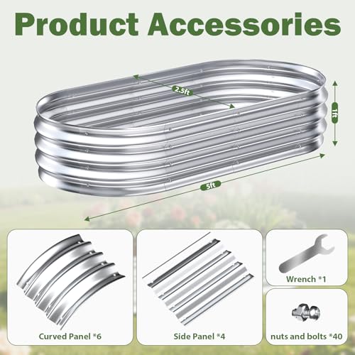 Galvanized Raised Garden Bed Outdoor, 5x2.5x1ft Metal Heavy Duty Planter Boxes for Gardening, Easy Assemble Small Oval Plant Container Kit for Vegetables, Flowers, Fruits, Silver, 1 Pack - color: 1-silver(1pcs), size: 5X2.5X1FT