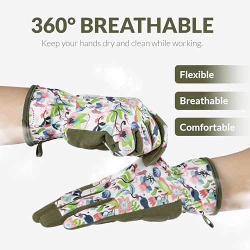 Baidast Gardening Gloves for Women, Breathable Leather Garden Gloves with Grip, Thorn Proof Work Gloves - color: Women(medium)-green+white