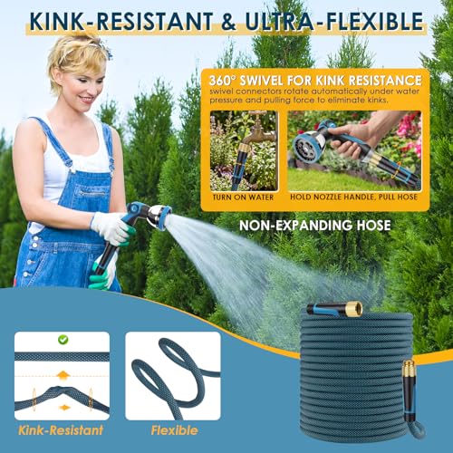 Non-Expandable Garden Hose 100 ft, Lightweight Flexible Anti-Kink - color: Blue, size: 100ft