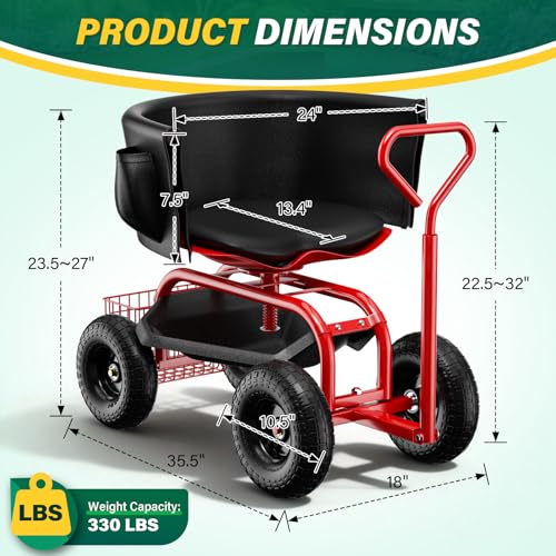 Baotree Garden Seat with Wheels, Rolling Garden Stool with Adjustable 360°Swivel Seat, Storage Basket & Extendable Handle, Outdoor Gardening Scooter, Garden Cart Workseat Stools for Seniors - color: Red