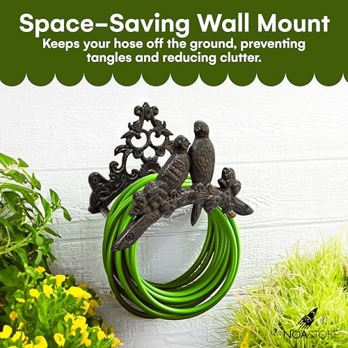Garden Hose Holder - Decorative Wrought Iron Wall-Mounted Hose Organizer - Heavy-Duty Wall Mount Water Hose Holder - Hook Rack for Water Hose - Outdoor Hose Holder - H8xL10xW5.7 inches
