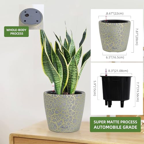 Dexceder 9x8 Self Watering Planter (Grey Gold Crackle) - color: Grey Gold, size: 9x8