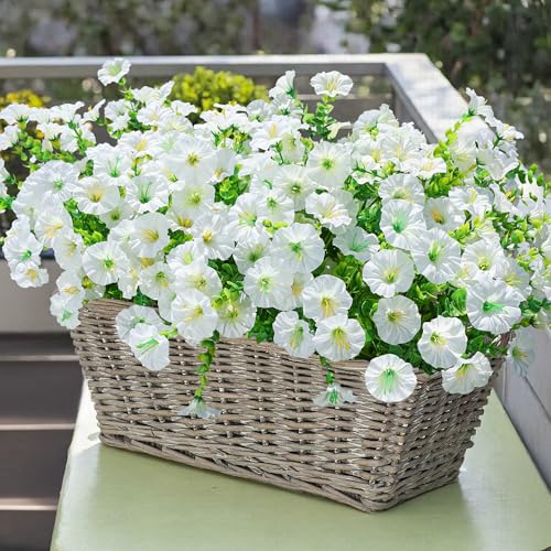 Artificial Flowers Fake Plants for Outdoors Decoration, 12 Bundles White Silk Morning Glory with Eucalyptus Realistic UV Resistant Faux Flowers for Outside Planter Porch Yard Patio Garden Home Indoor - color: White