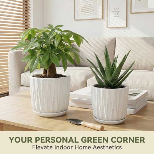 7.5 Inch Ceramic Planter Pot with Saucer Drainage Leak-Proof Mesh,Flower Pots for Indoor Plants with Gardening Gloves,Ceramic Planter(Waxen White) - color: Waxen White, size: 7.5 Inch