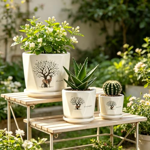 Deer Ceramic Plant Pots Set of 3, Modern Nordic Planters with Drainage Hole and Saucer, Decorative Flower Pot for Indoor Houseplants, Christmas & New Year Home Decor - color: Lord of the Forest