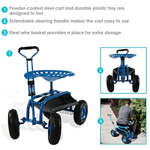 Sunnydaze Garden Seat with Wheels and Adjustable Handle, Blue - color: Blue