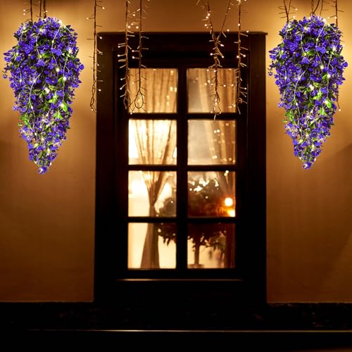 RECUTMS Artificial Hanging Flowers with 30 LED Fairy String Lights 2Pcs - color: Lights Purple-rose