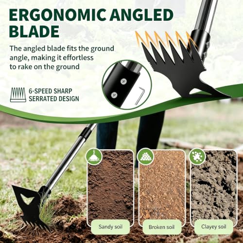 Weed Puller Tool with Long Handle (58IN) & Gloves, 2-in-1 Gardening Hand Tools Weeds Remover, Weeder Rake & Garden Hoe Combo, Manual Weeding Puller Tool for Garden Yard Patio Lawn