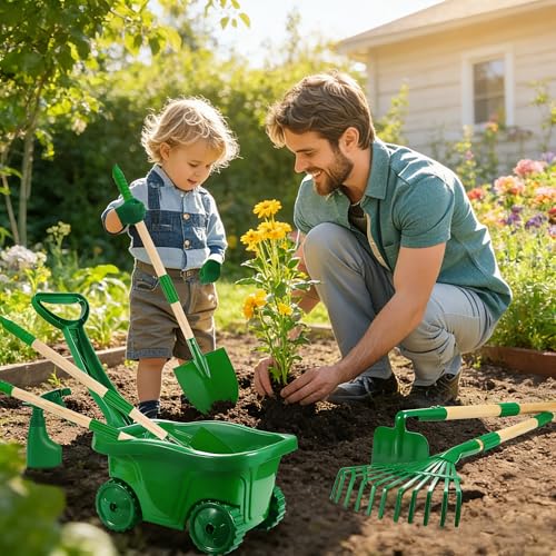 Duckura Kids Gardening Set, Kids Wheelbarrow Tools and Bug Catcher Kit - color: Green-18pcs