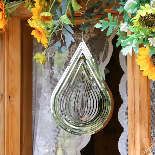 Phuryllic Wind Spinners Outdoor, Garden Decor, Bird Deterrents for Outside, 3D Metal Yard Decorations for Patio & Porch, Unique Gardening Gifts for Women & Moms - 12in Silver Waterdrop - color: 1pc 12in Silver Waterdrop