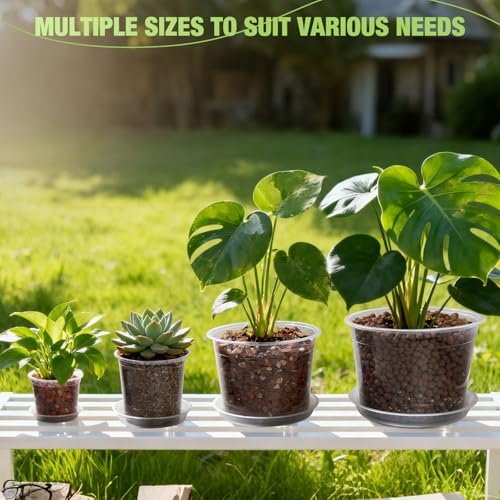 10 Inch Clear Nursery Pots with Drainage Holes and Saucers, 5 Pack Large Clear Pots for Plants Variety Pack, Seedling Pots for Succulents, Herbs, Flowers, Vegetables - size: 10 inch
