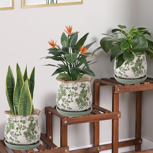 Ceramic-Planters-for-Indoor-Plants with Saucer, 6 inch Vintage Ice Crack Glaze Plant Pots with Drainage Holes, Decorative Flower Pots for Outdoor Garden Home Decor, Tuscan Pot for Plant - color: Vintage Green
