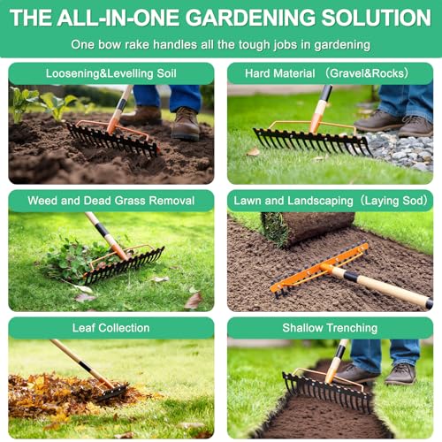 Bow Rake Heavy Duty 17-Tine, 55" Wooden Handle Garden Rake
